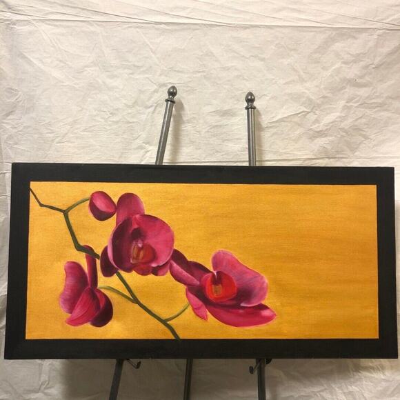 Signed Horizontal Flower Depiction Oil on Canvas Painting by Ann Baker